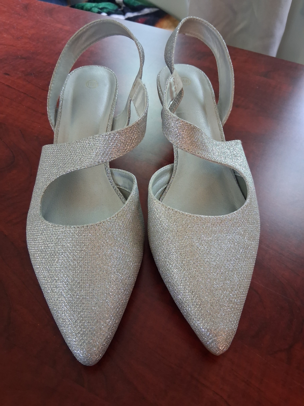 Glimmer Pointed-Toe Slingback Heels in Silver
